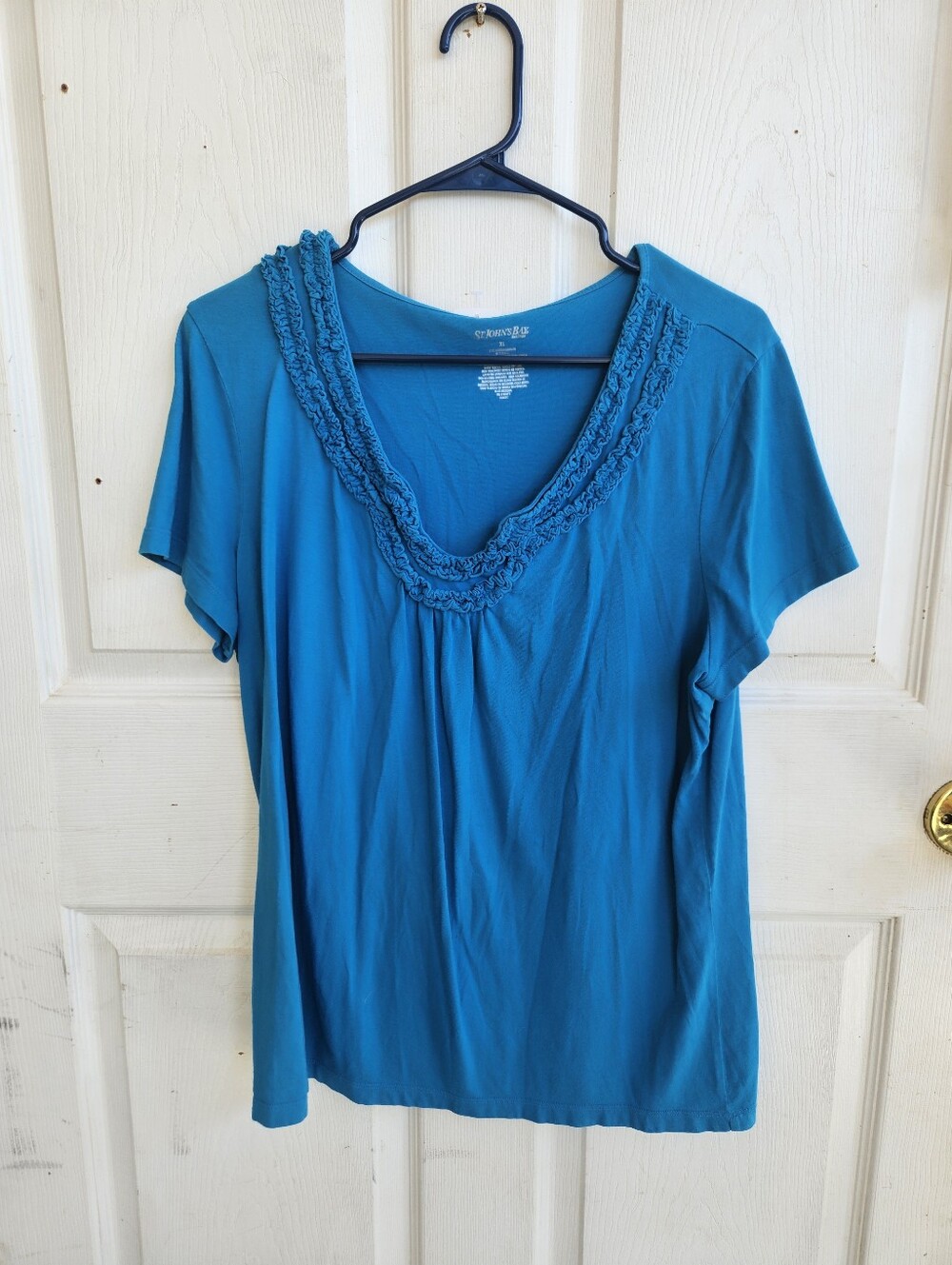 St. John's Bay Teal Short-Sleeve V-Neck Top with Ruffle Trim Size xl Guc Casual